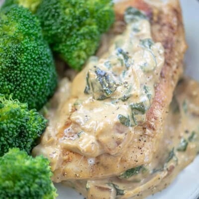 dijon chicken on plate with broccoli.