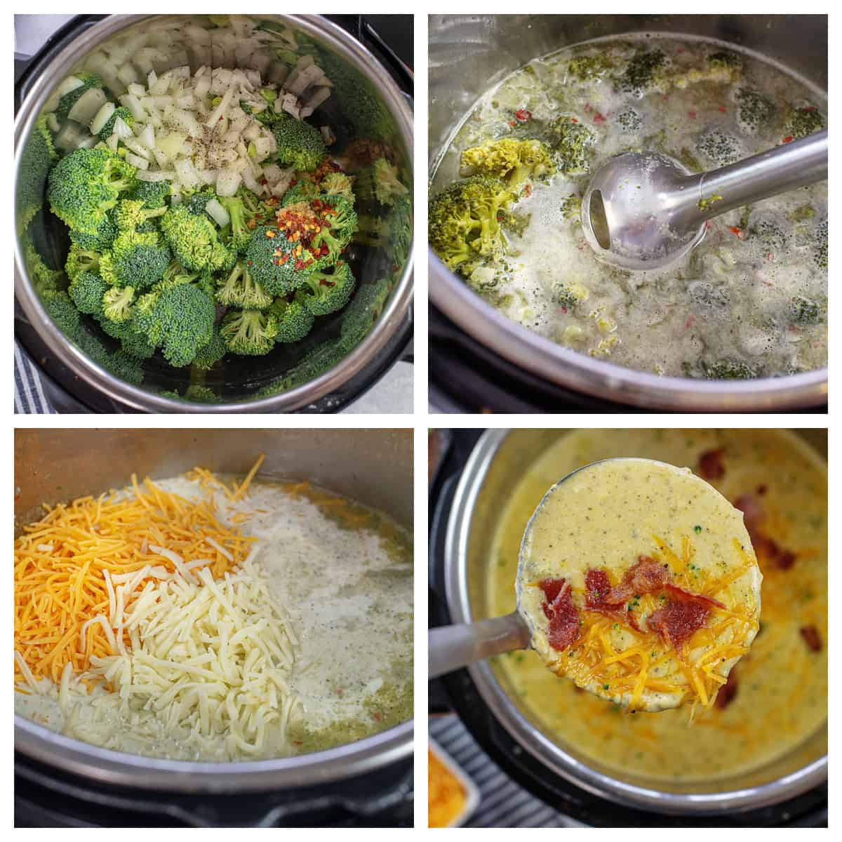 collage showing steps of making Instant Pot broccoli soup.