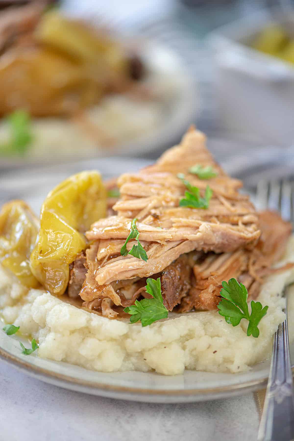 shredded pork roast on pile of mashed cauliflower.