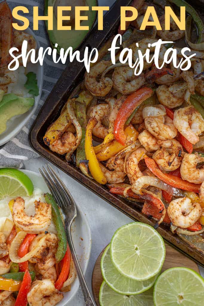 overhead view of shrimp fajitas on sheet pan with text for Pinterest.