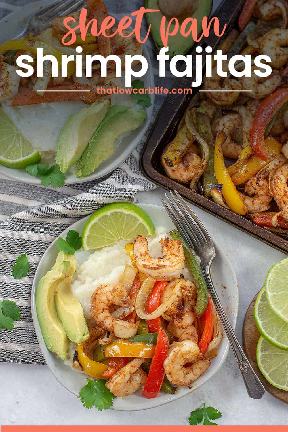 overhead view of sheet pan shrimp fajitas on plate.