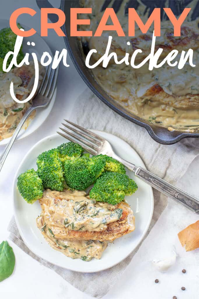 dijon chicken on plates with text for Pinterest.