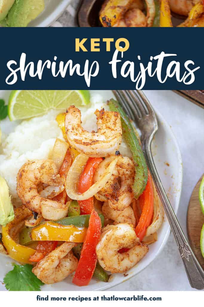 close up of shrimp fajitas on plate.