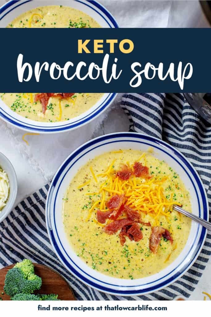 overhead view of broccoli cheese soup in bowls.