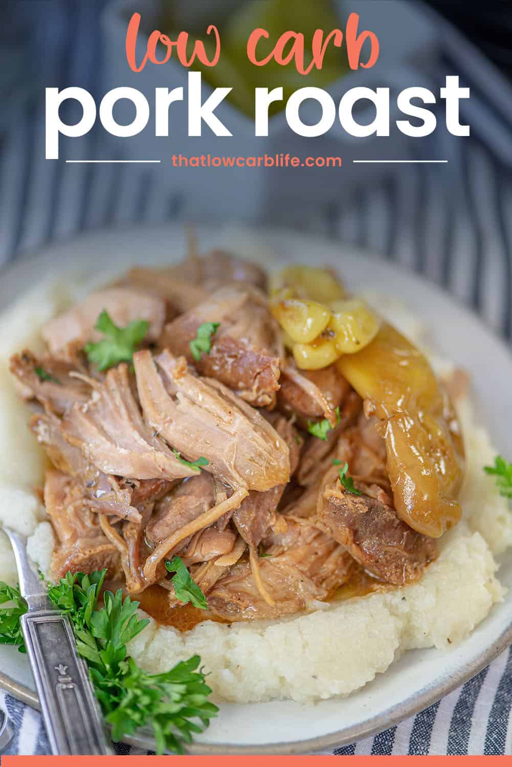 low carb pork roast on white plate.