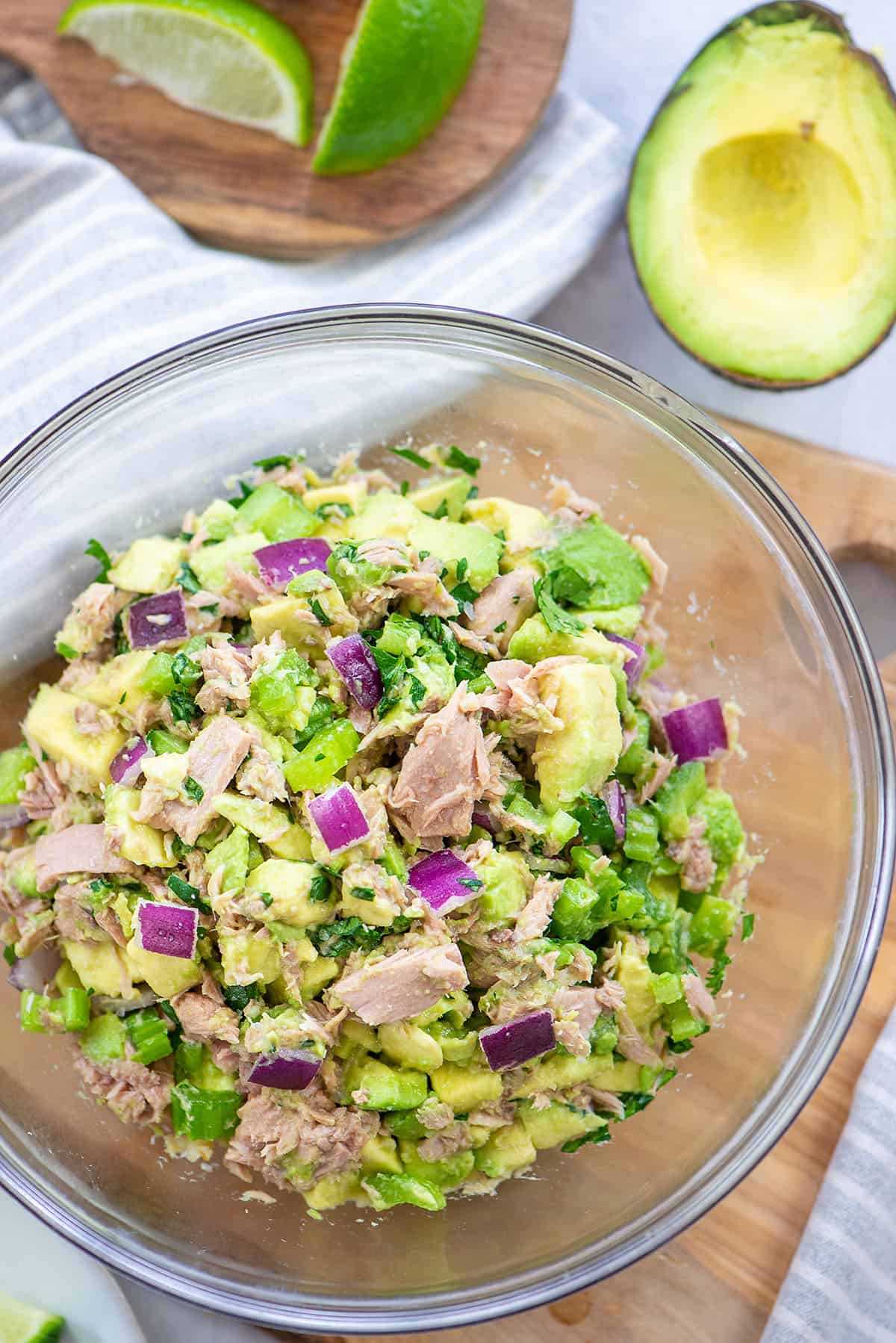 tuna salad combined in mixing bowll.