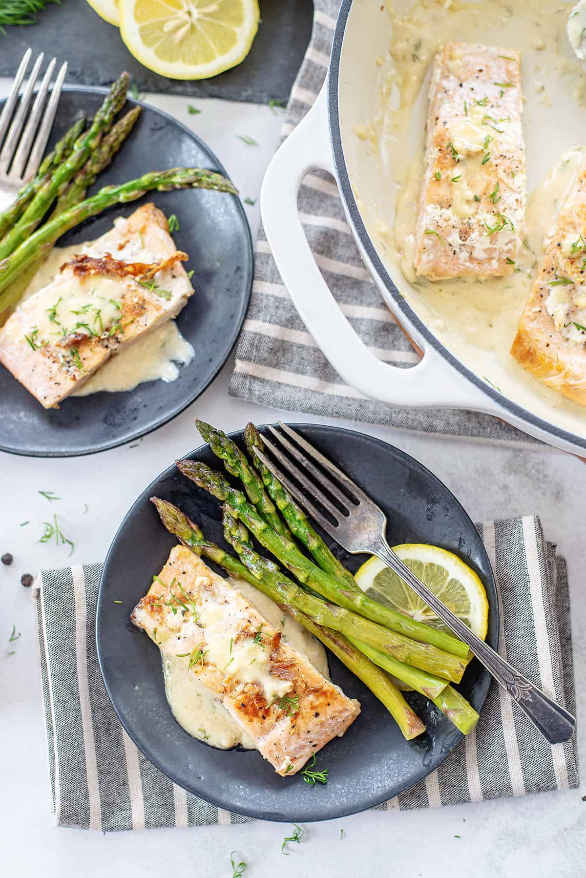 lemon garlic salmon on plate with asparagus.