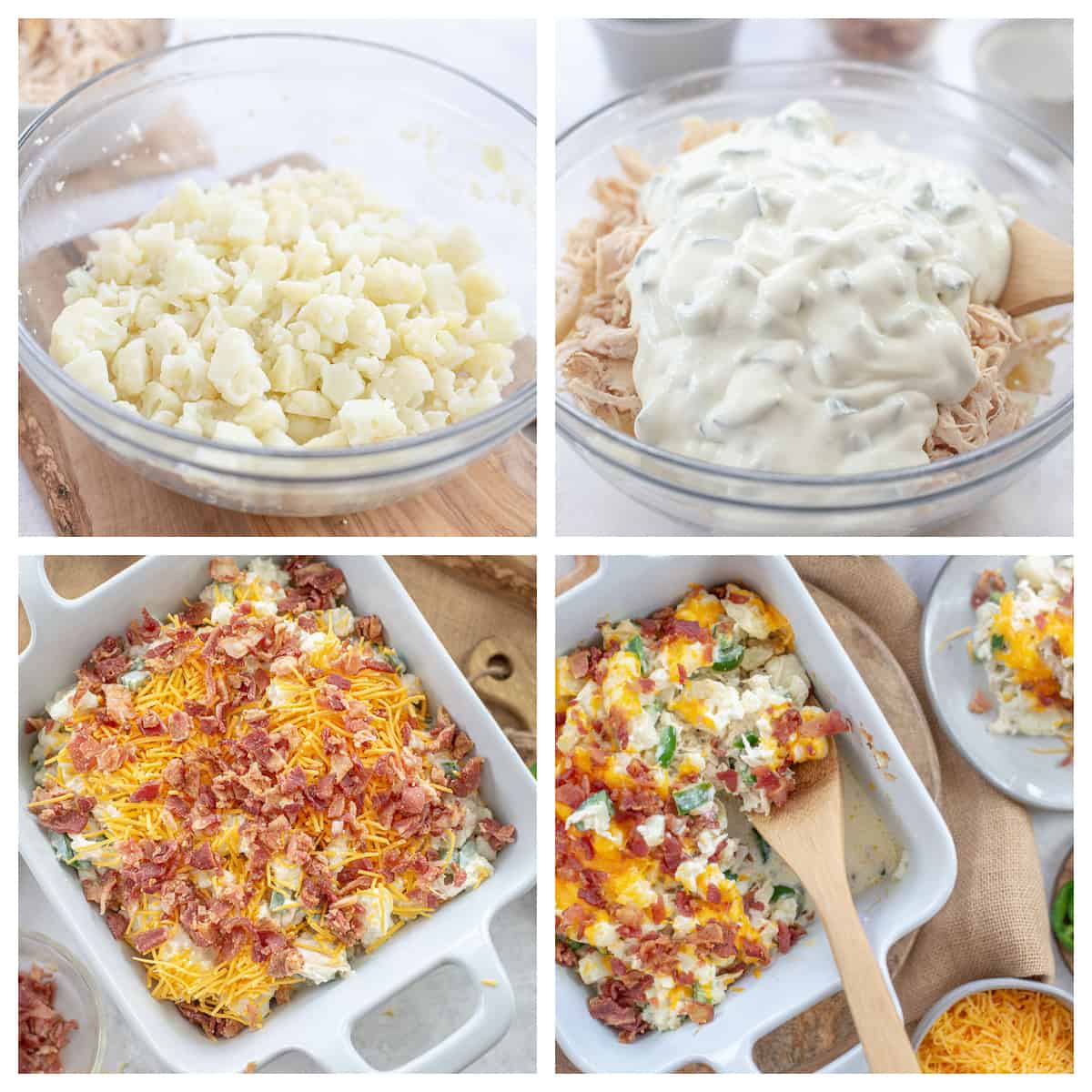 collage showing steps of making jalapeno popper casserole recipe.