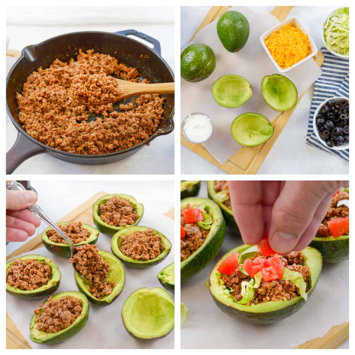 Collage showing how to make stuffed avocado.