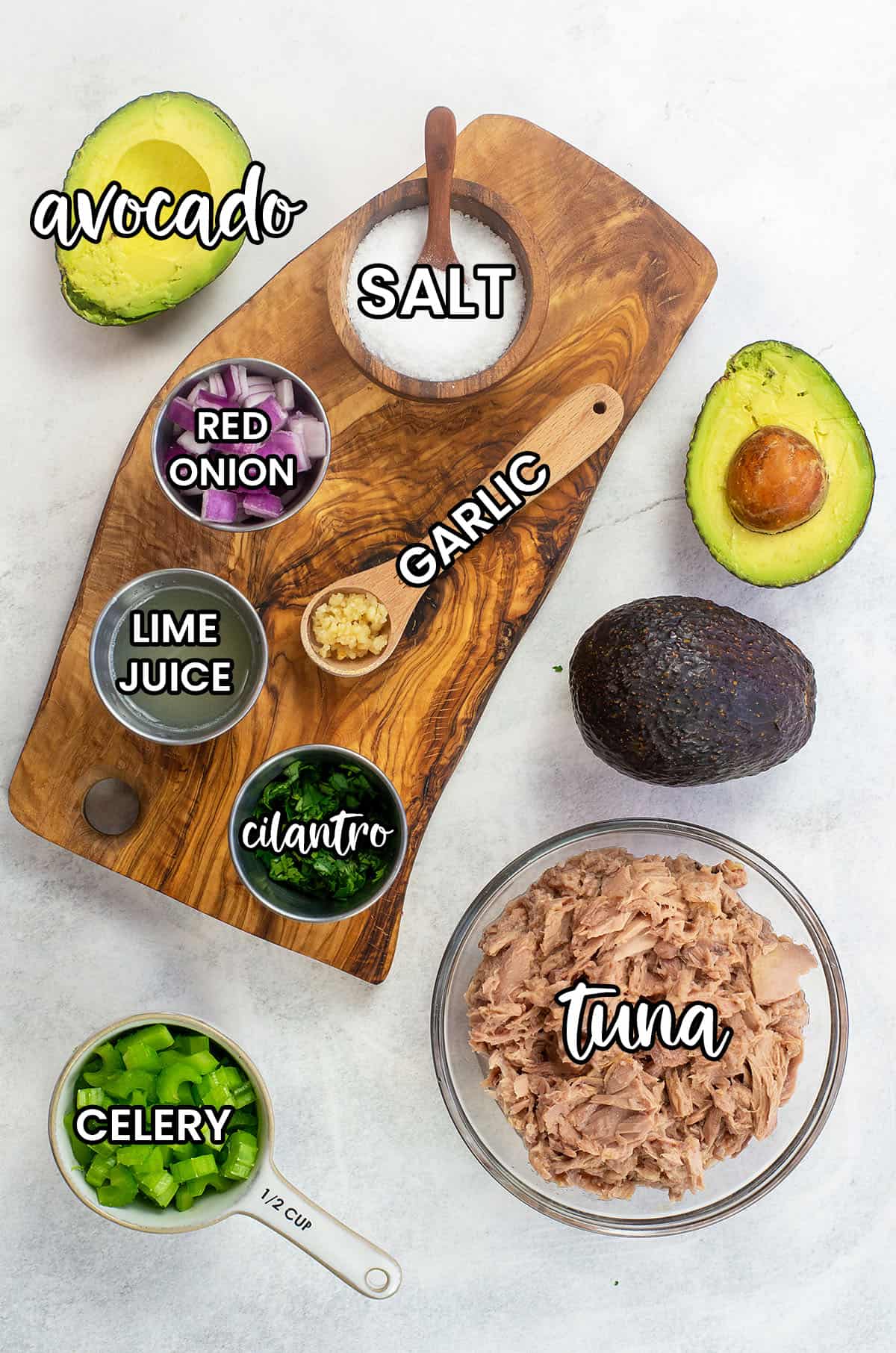 ingredients for avocado tuna salad recipe.