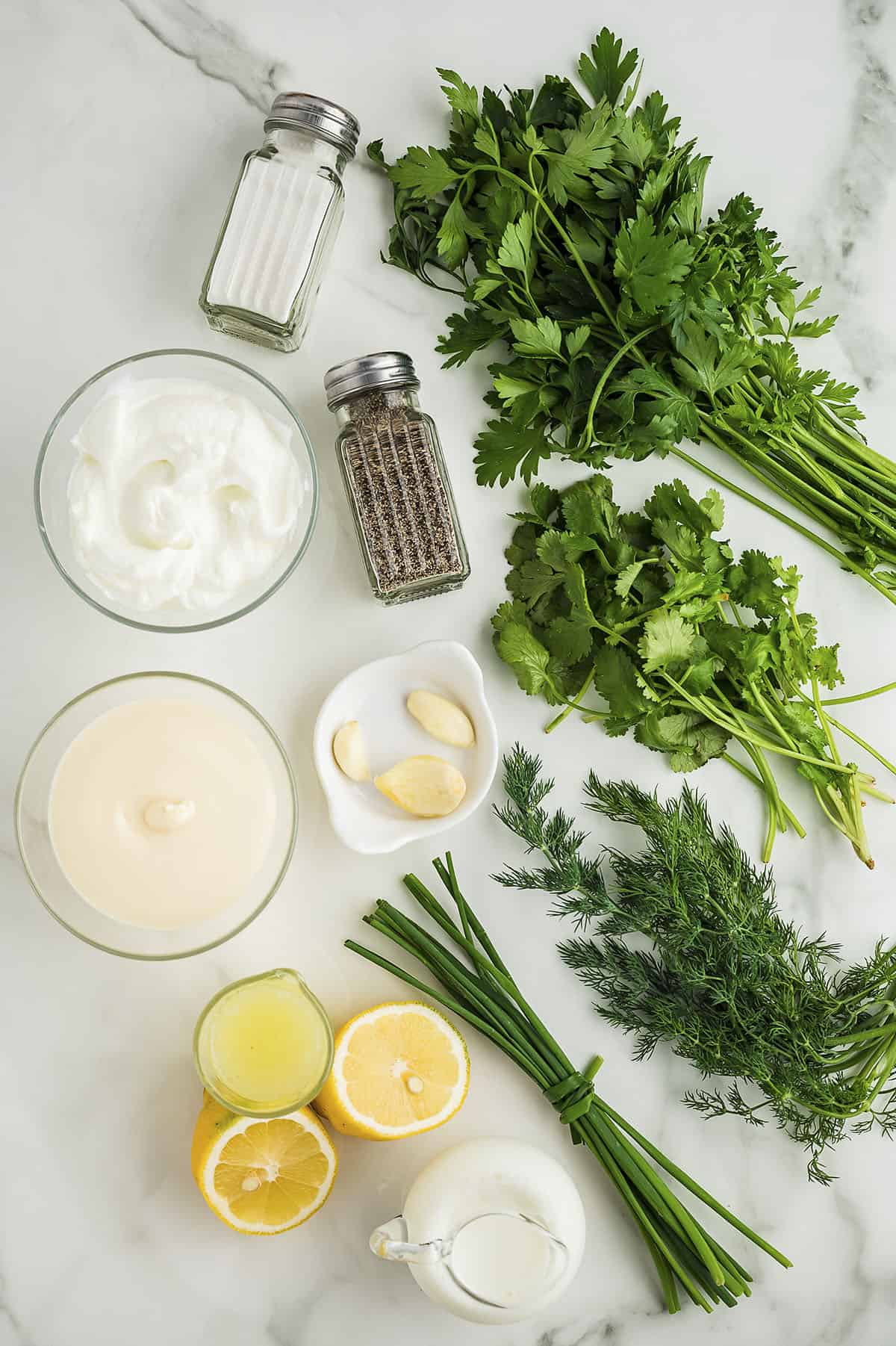 Ingredients for green goddess salad dressing.