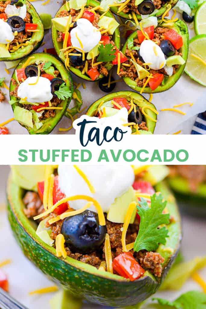 Collage of taco stuffed avocado images.