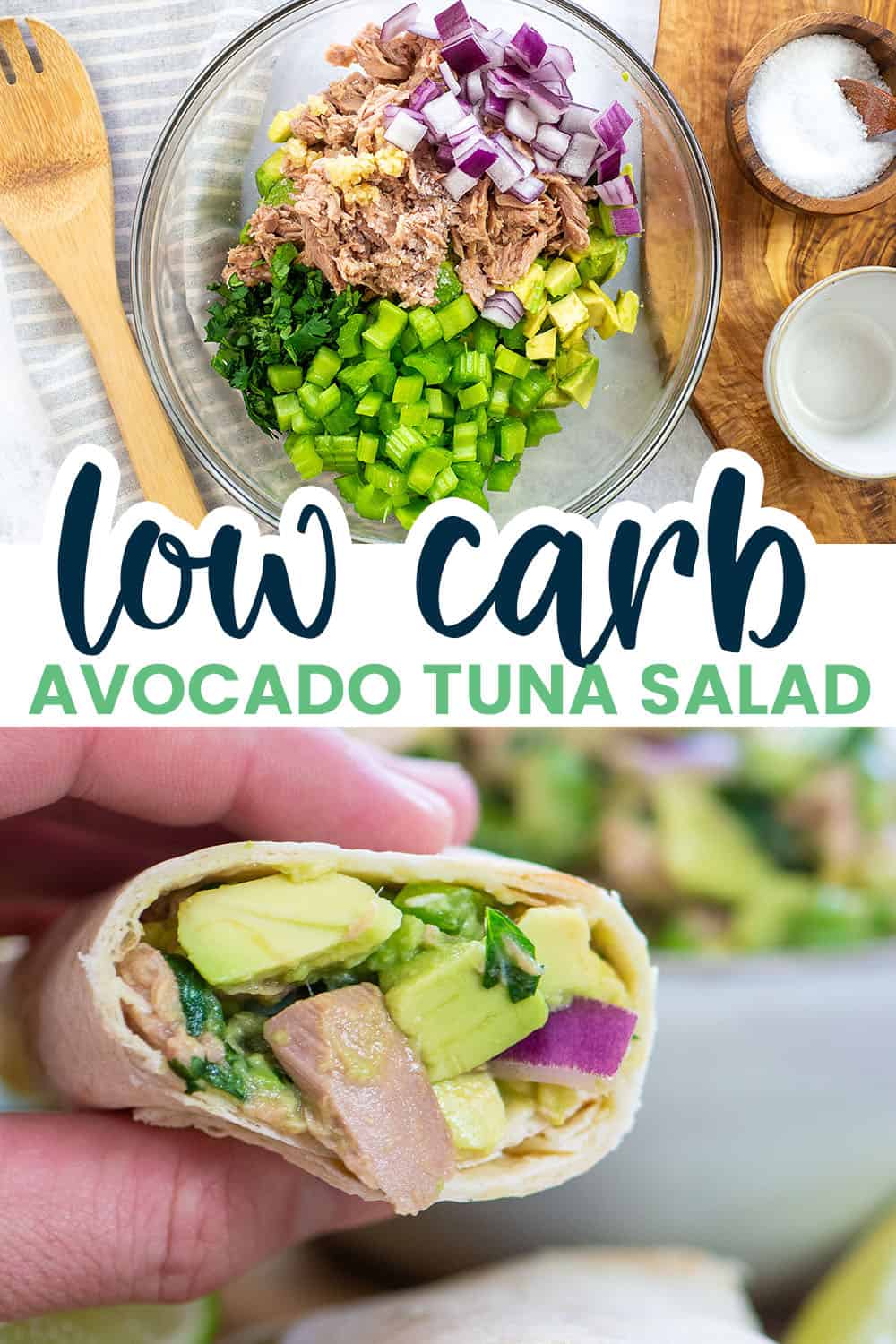 collage of avocado tuna salad recipe.