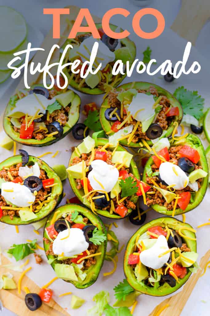 Overhead view of taco stuffed avocados.