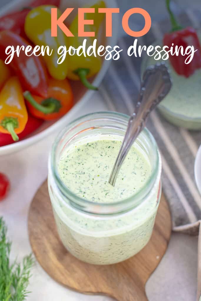 homemade green goddess salad dressing in jar.