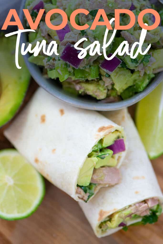 overhead view of tuna salad with text for pinterest.