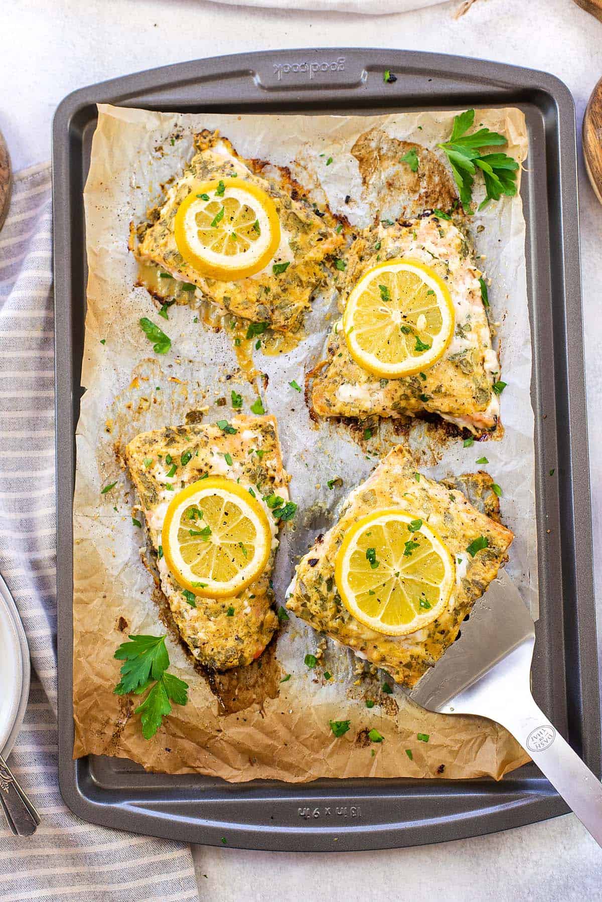 dijon baked salmon on sheet pan.