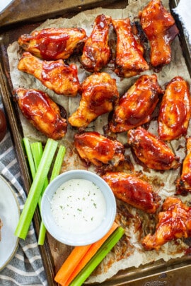 BBQ baked chicken wings on sheet pan.