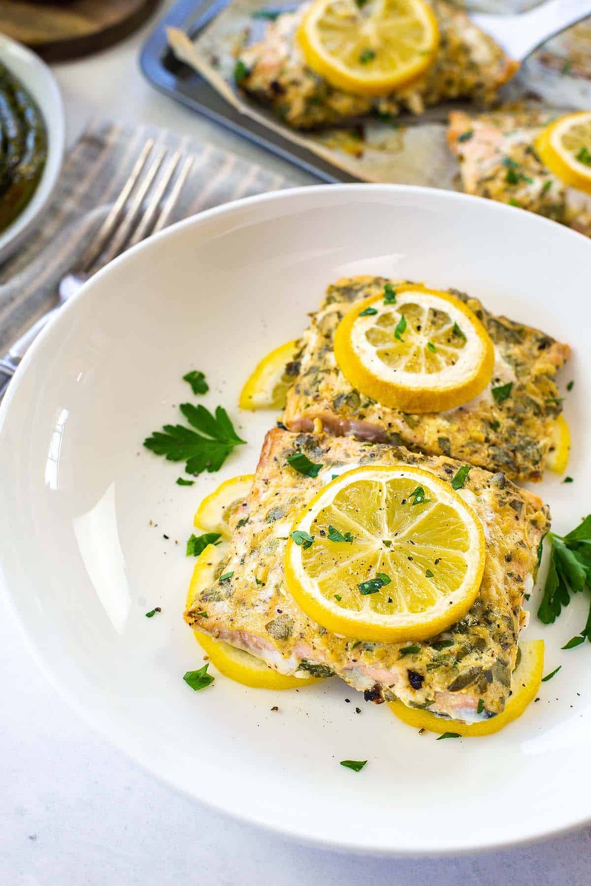 baked dijon salmon on white plate.