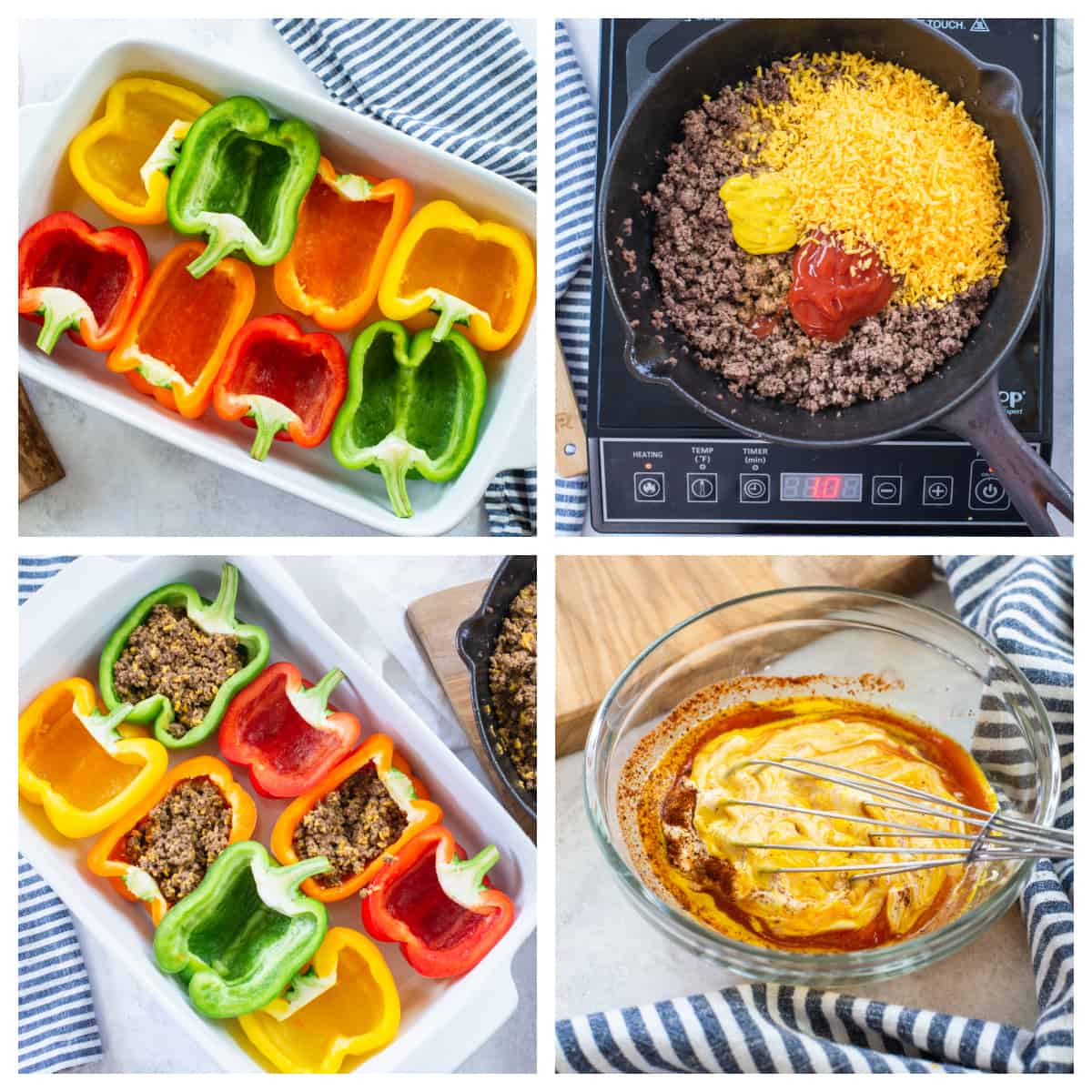 collage showing how to make cheeseburger stuffed peppers.