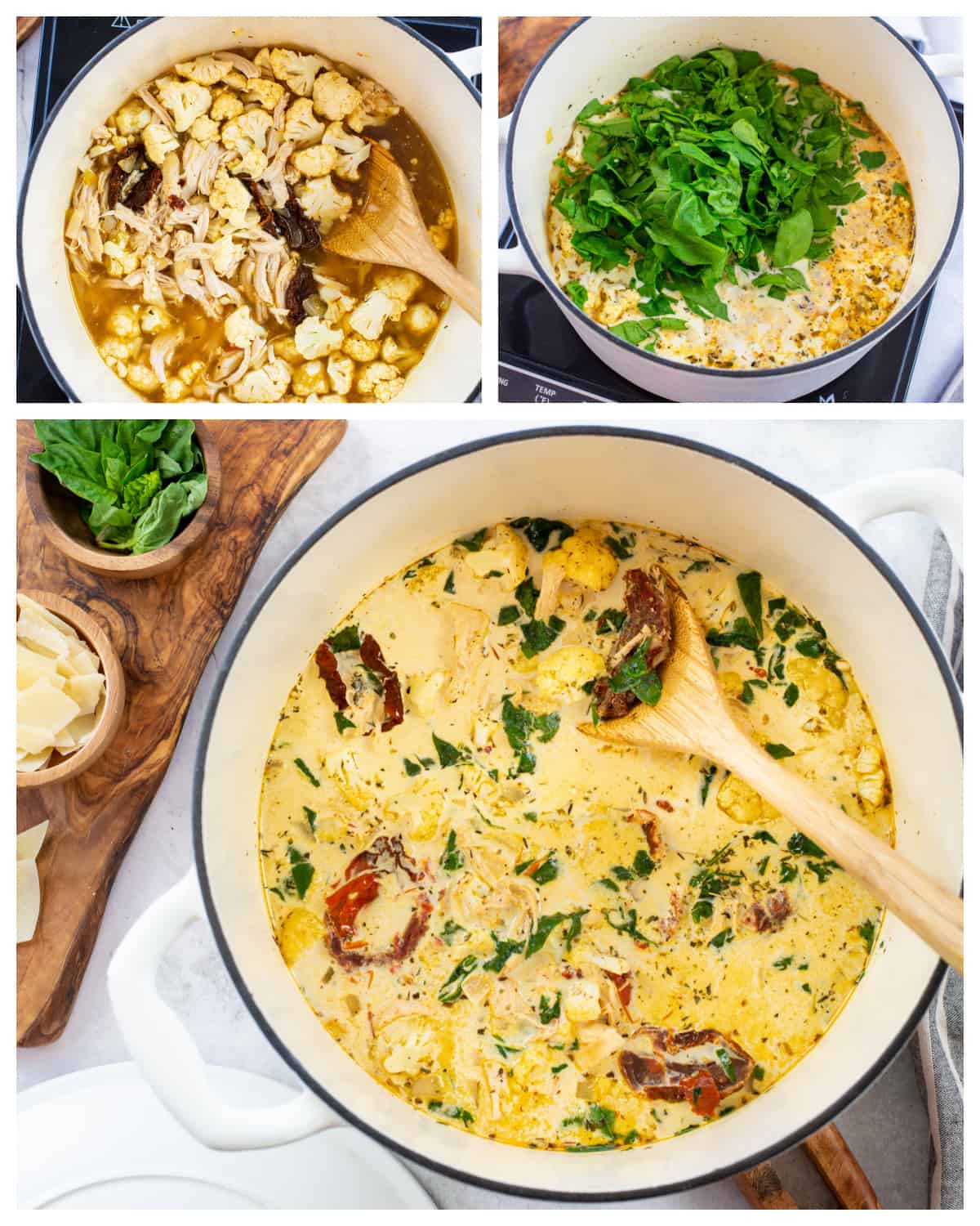 collage showing how to make tuscan chicken soup.