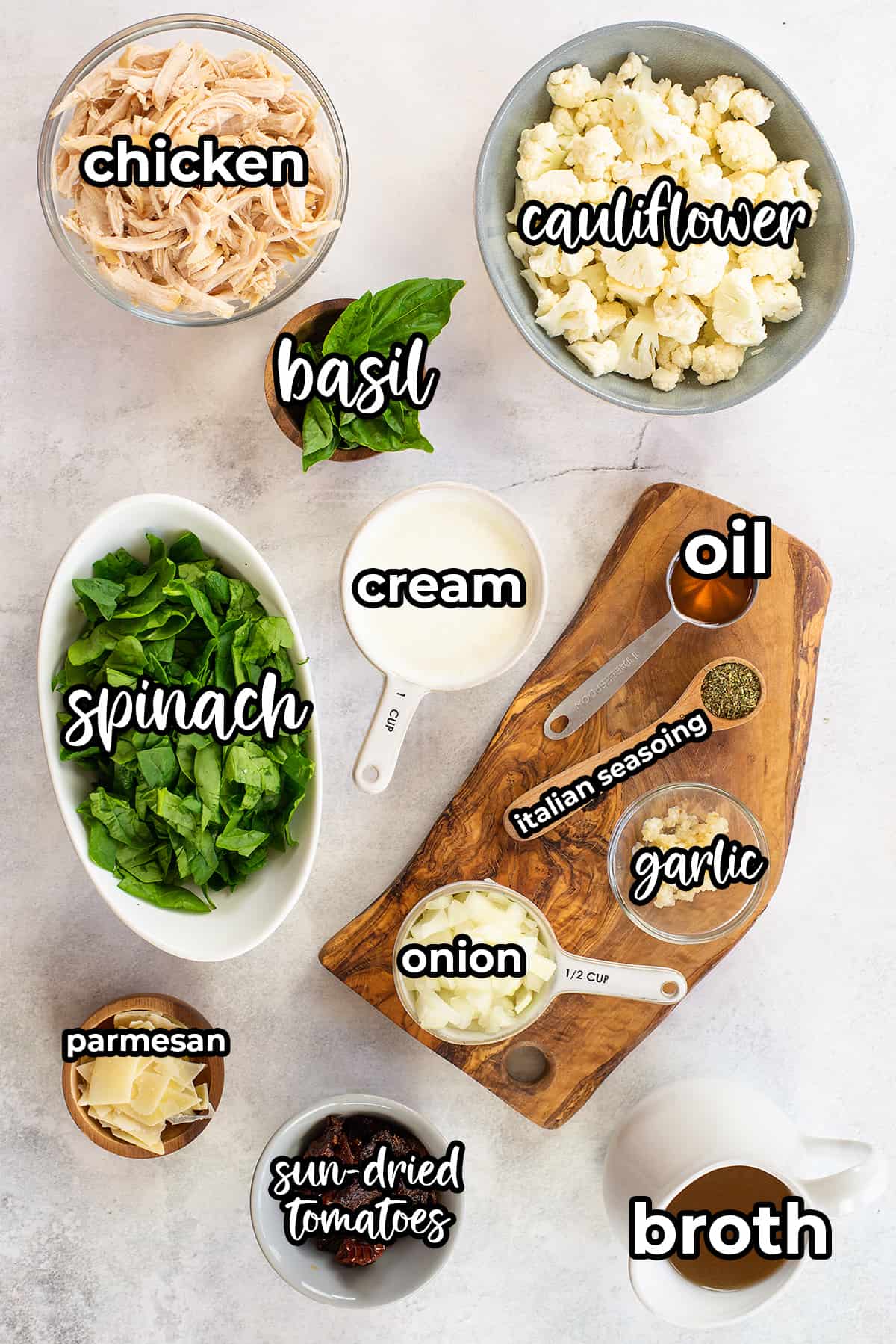 ingredients for creamy tuscan chicken soup recipe.