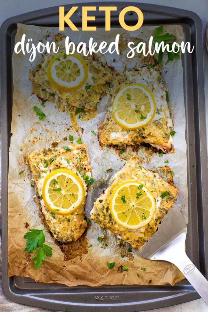 dijon baked salmon on sheet pan with text for Pinterest.