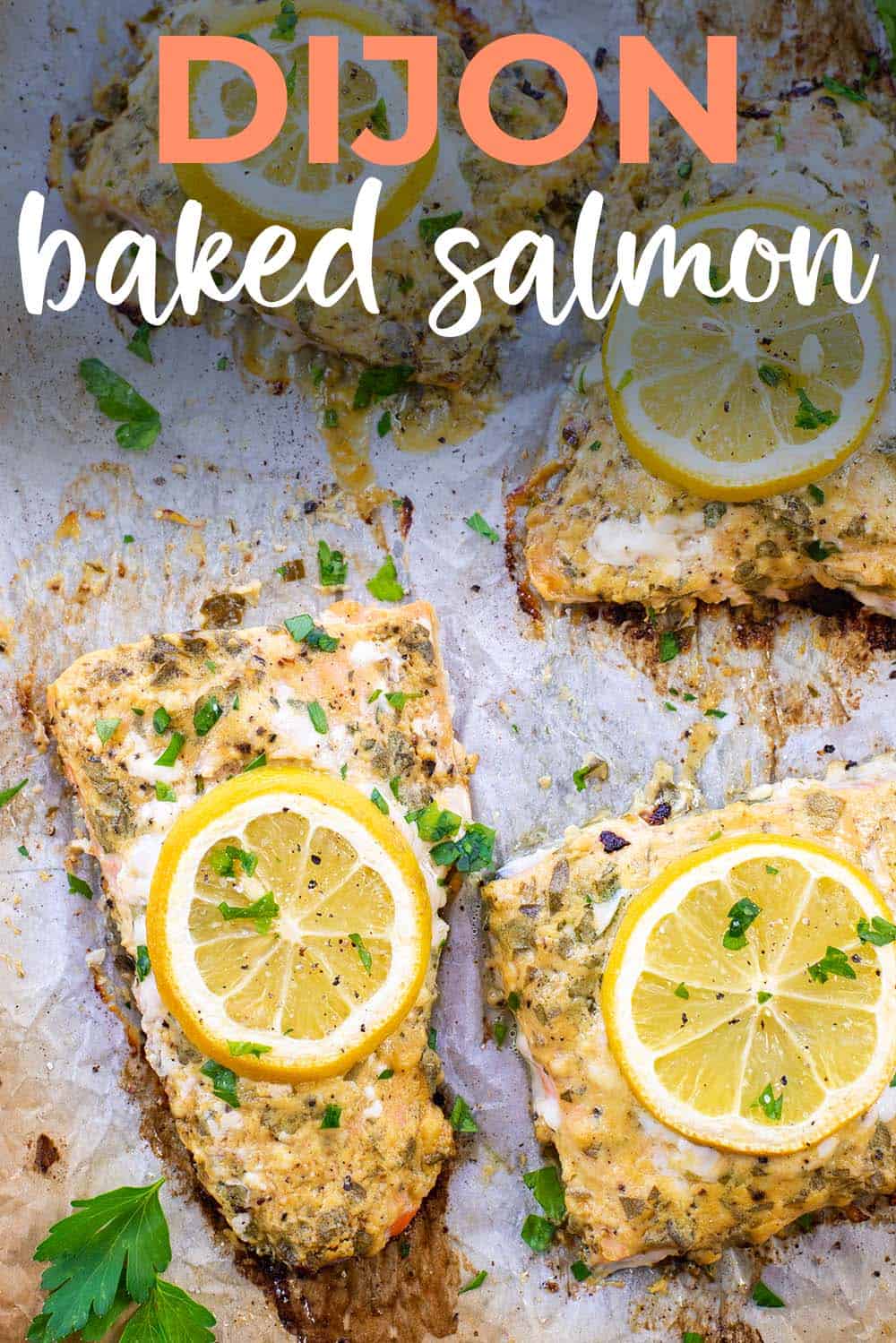 Dijon baked salmon on pan with text for Pinterest.