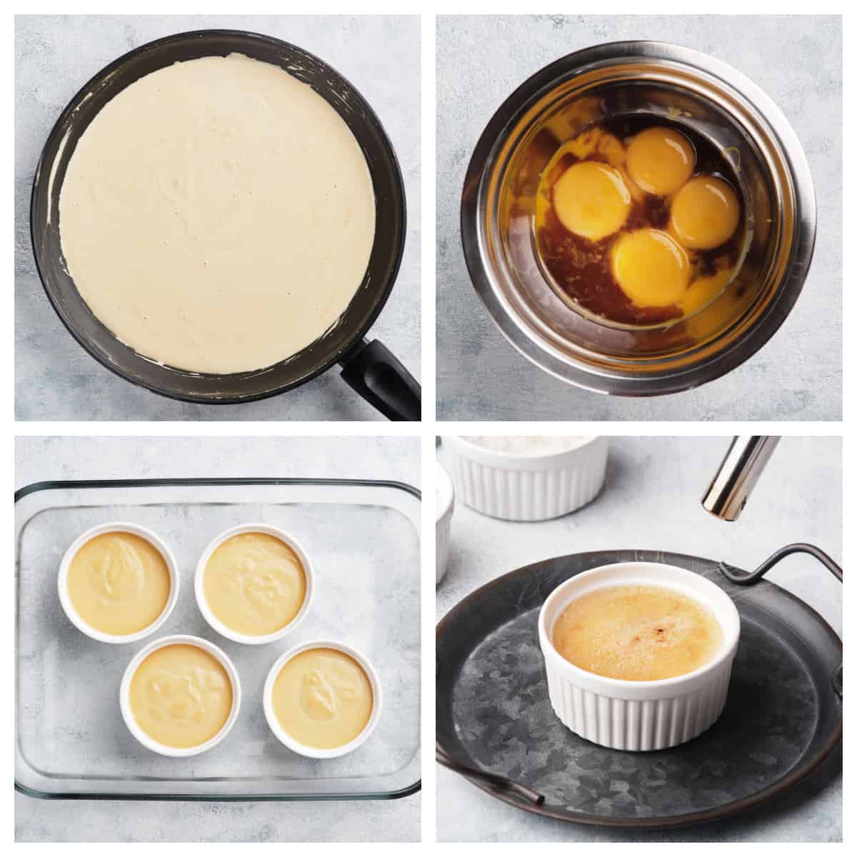 collage showing how to make creme brulee.