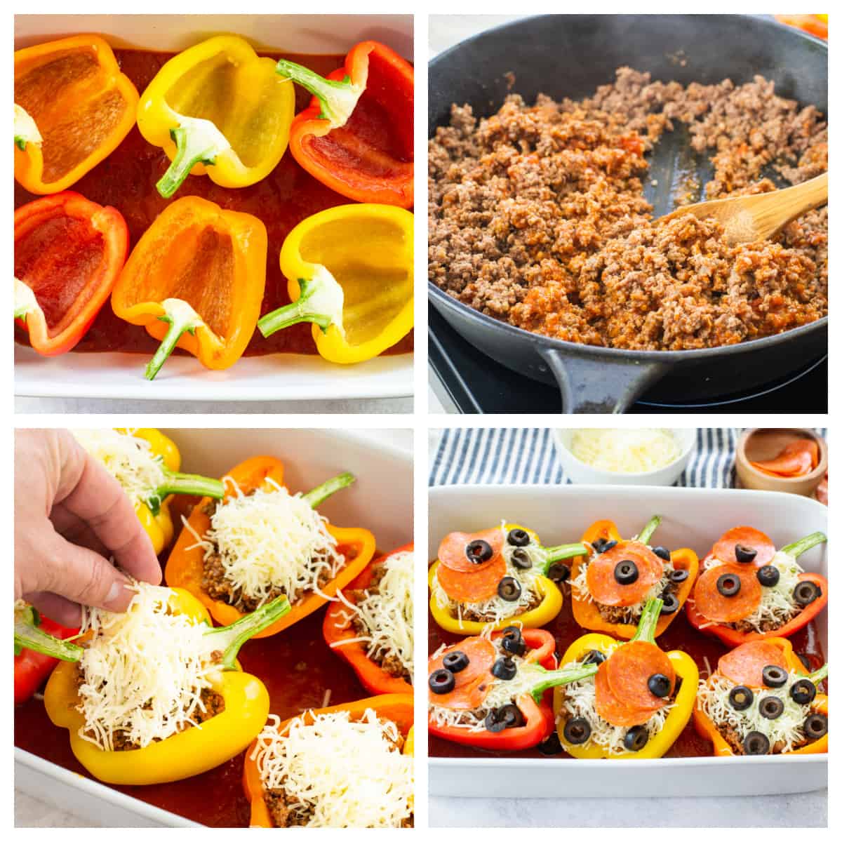 collage showing how to make pizza stuffed peppers.