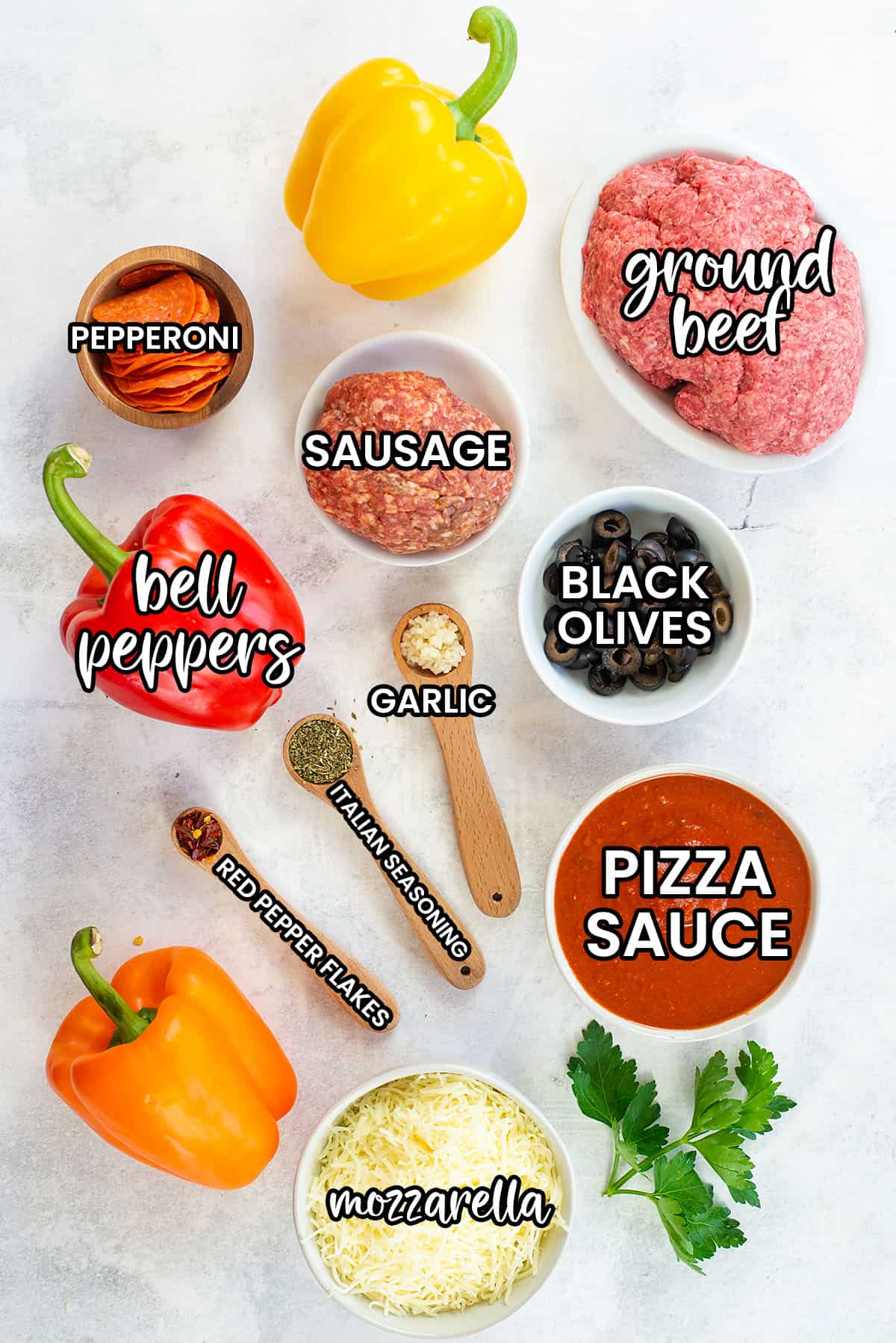 ingredients for pizza stuffed peppers.