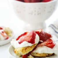 keto strawberry shortcake on white plates.