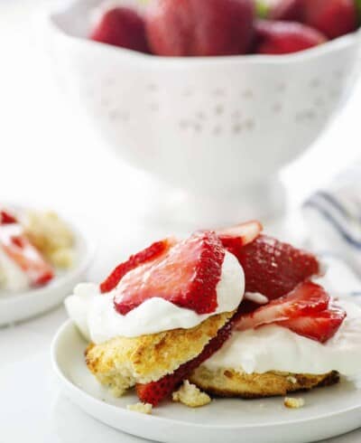 keto strawberry shortcake on white plates.