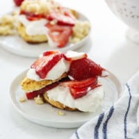 gluten free strawberry shortcake on small plates.