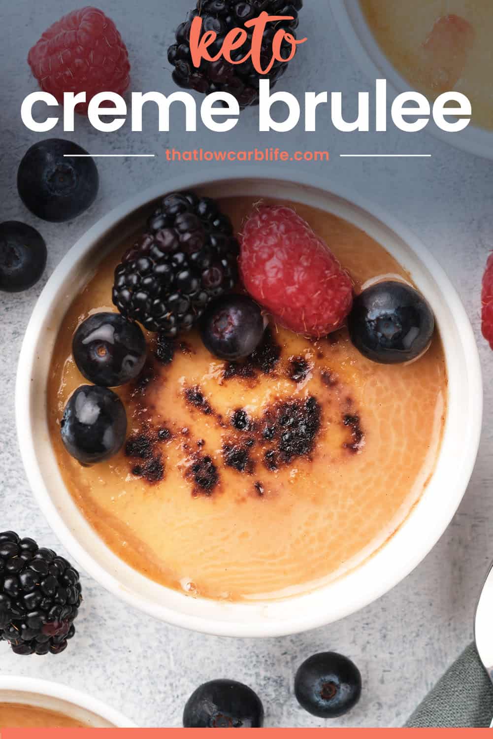 keto creme brulee in small ramekin with text for PInterest.