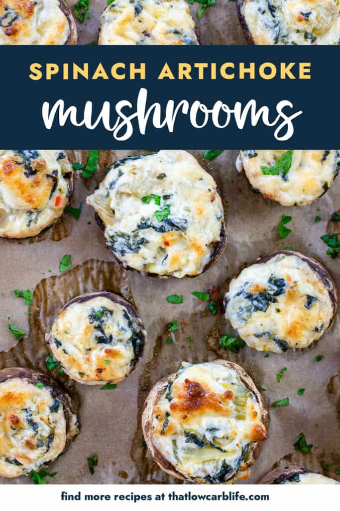 mushrooms filled with cheese and spinach on baking sheet.