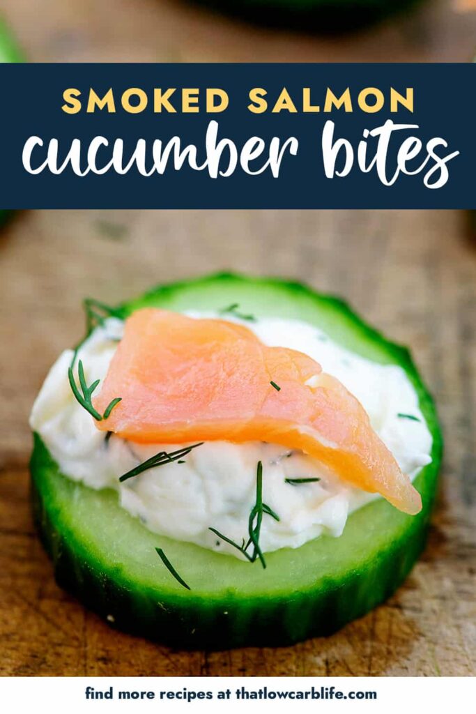 keto cucumber bite on wooden board with text for Pinterest.
