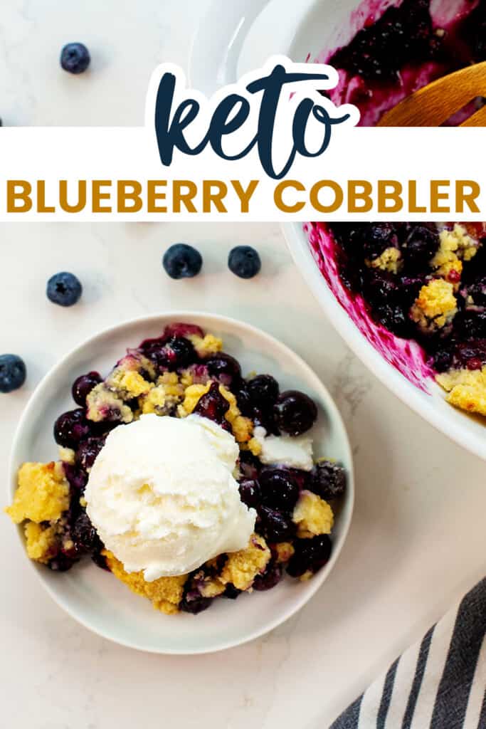 overhead view of blueberry cobbler on plate with text for Pinterest.