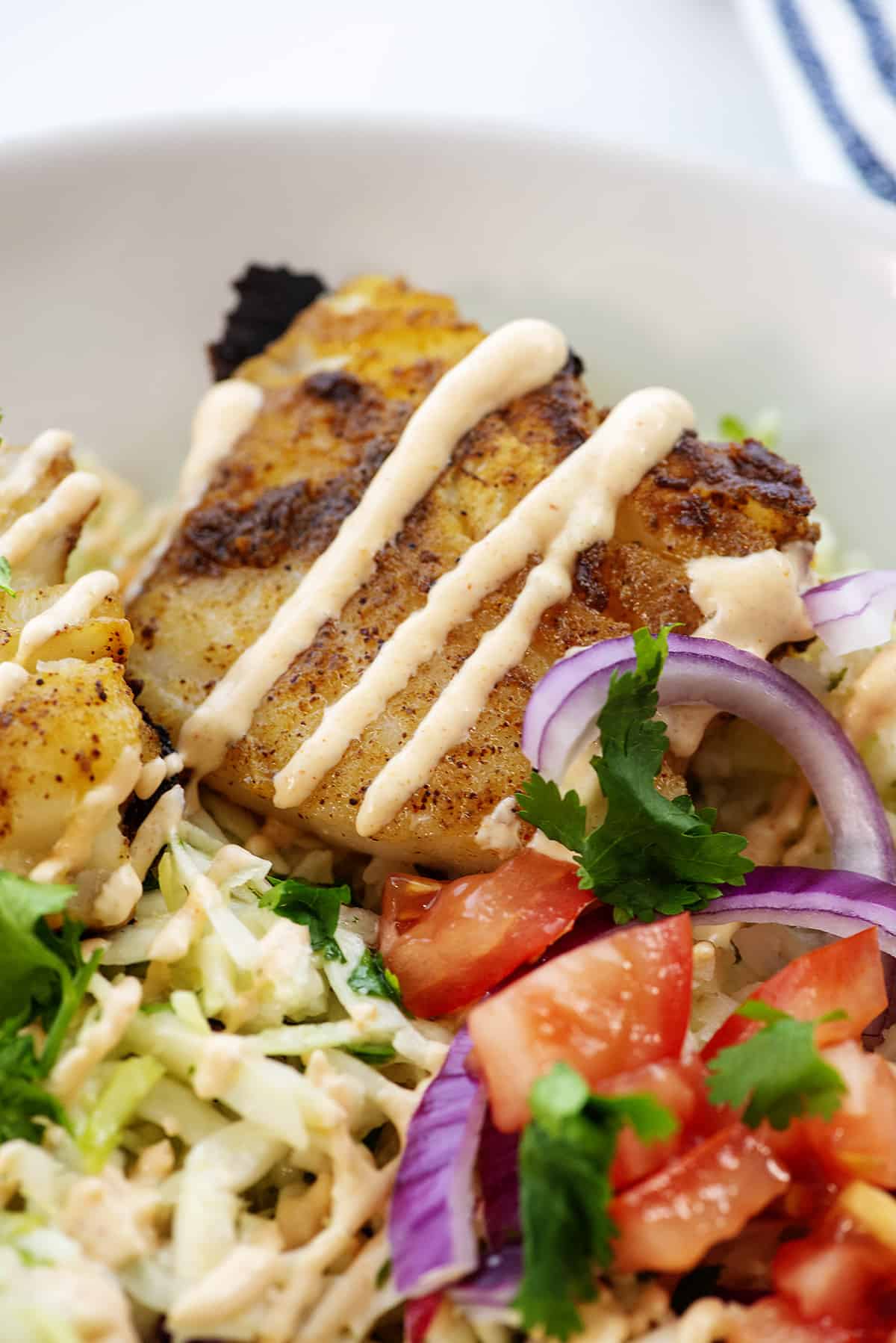 fish drizzled with sauce in bowl with slaw and tomatoes.