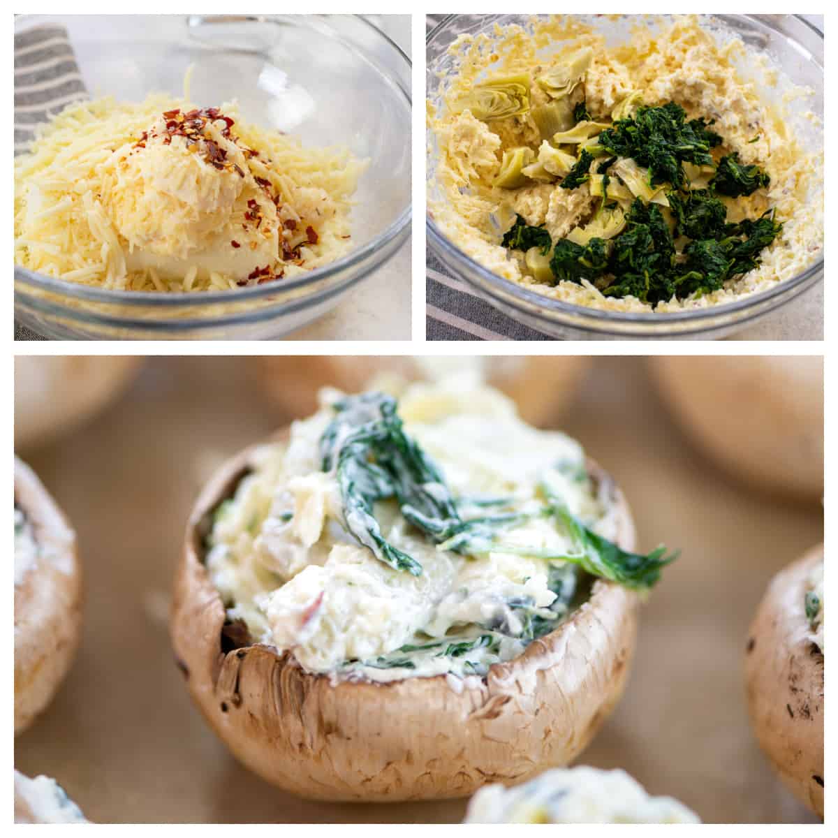 collage showing steps to make spinach stuffed mushrooms.