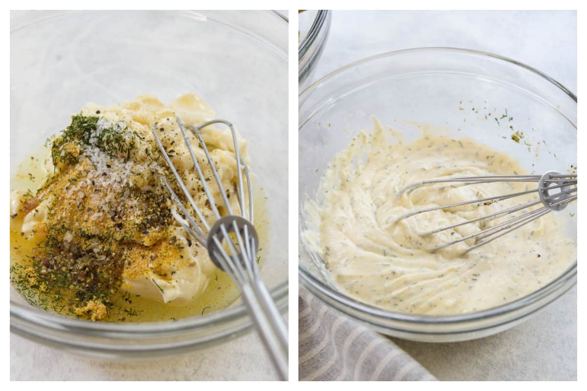 dressing ingredients for tuna salad in mixing bowl.