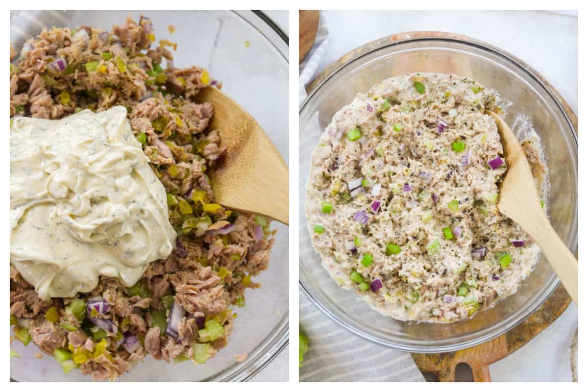 collage with images of making keto tuna salad.
