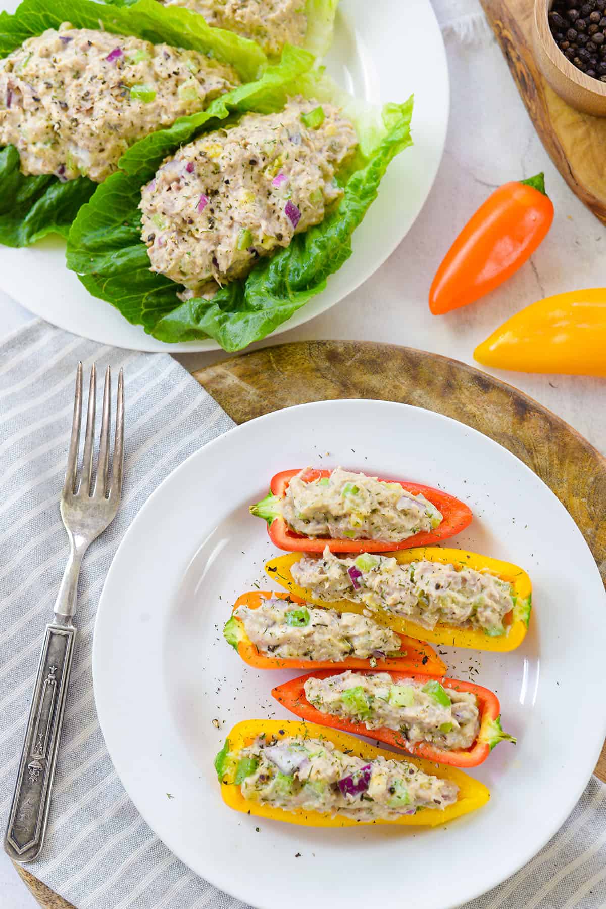 keto tuna salad in mini sweet peppers.