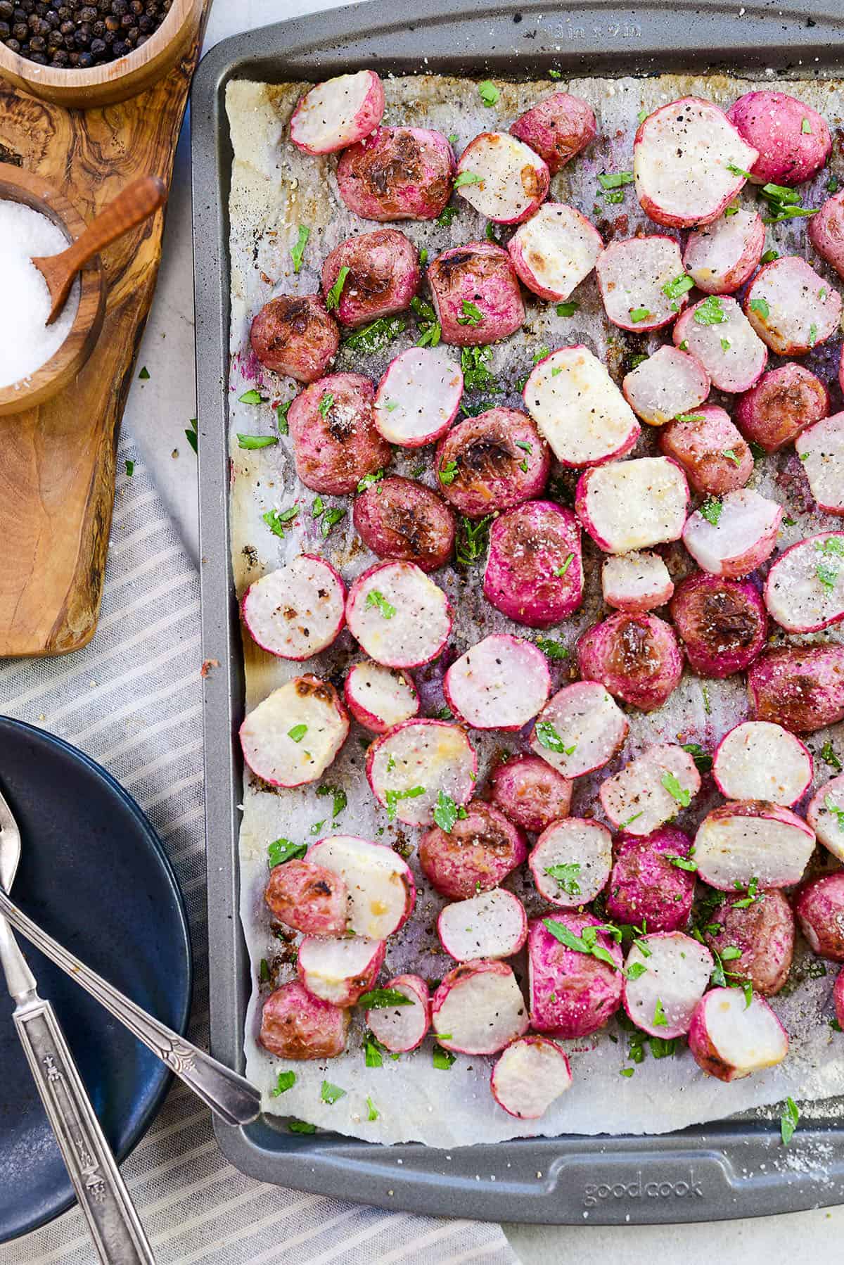 roasted radishes on sheet pan.