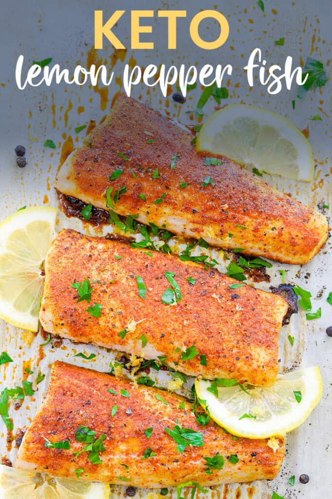 fish on baking sheet with text for Pinterest.