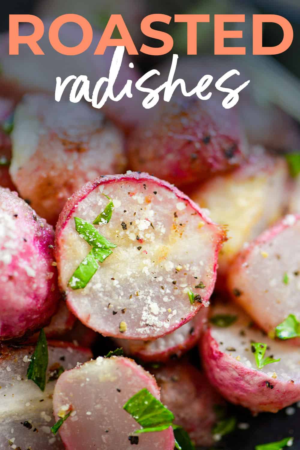 roasted radishes with text for pinterest.