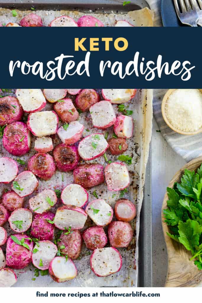 radishes on sheet pan with text for Pinterest.