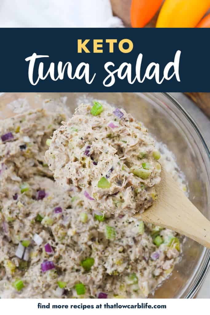 keto tuna salad on wooden spoon.