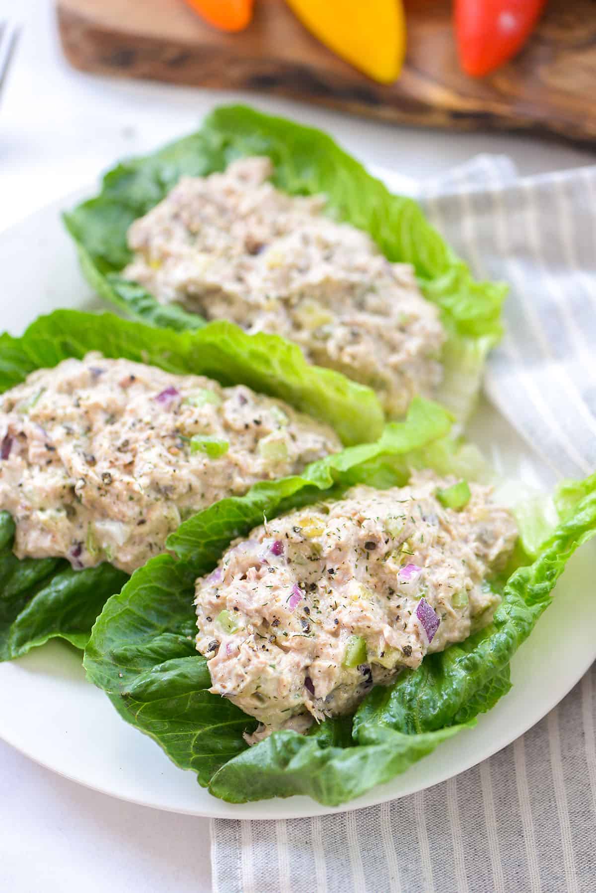 keto tuna salad in lettuce wraps.