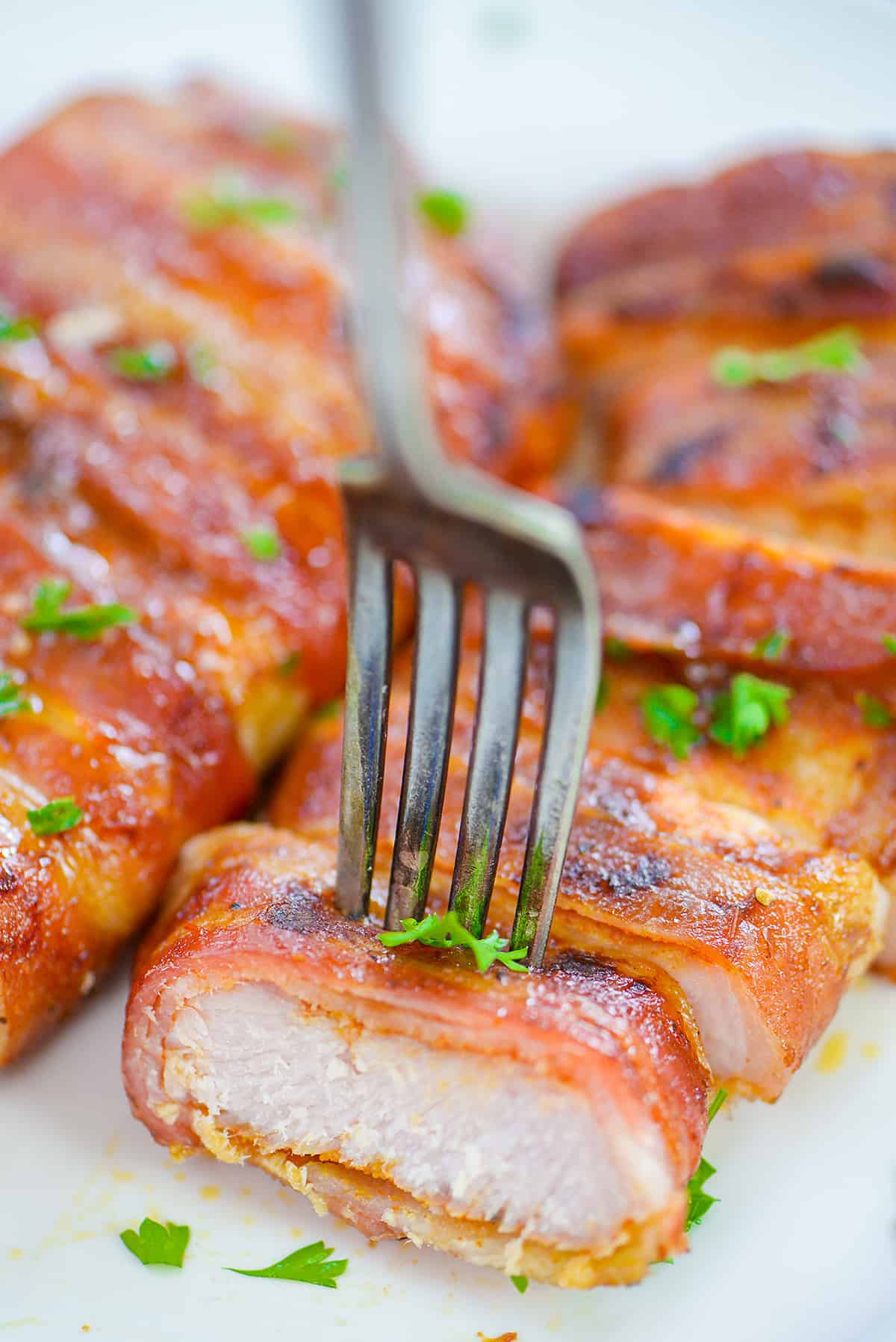 Fork stuck in pork chop.